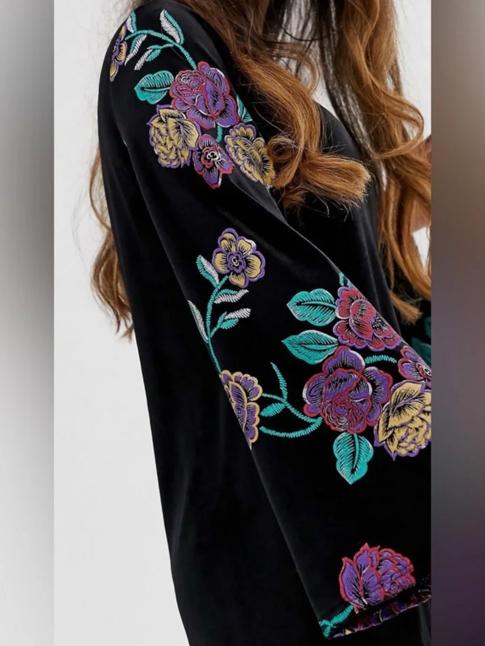 ASOS Velvet Floral Embroidered Sleeve Mini Dress Black Multicolor Size 12 - Picture 2 of 10
